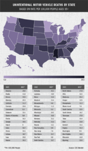 U.S. map of accidental motor vehicle deaths per state in ages 15 and up