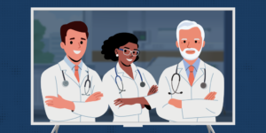 Three television doctors with their arms folded on a TV screen